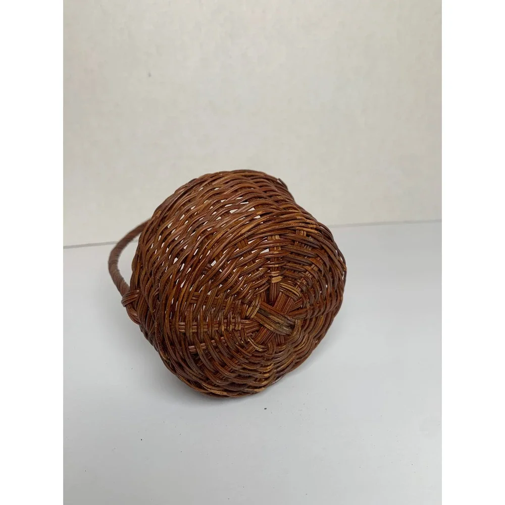 Vintage Dark Brown Round Wicker Basket with High Arched Handle Cottagecore Decor
